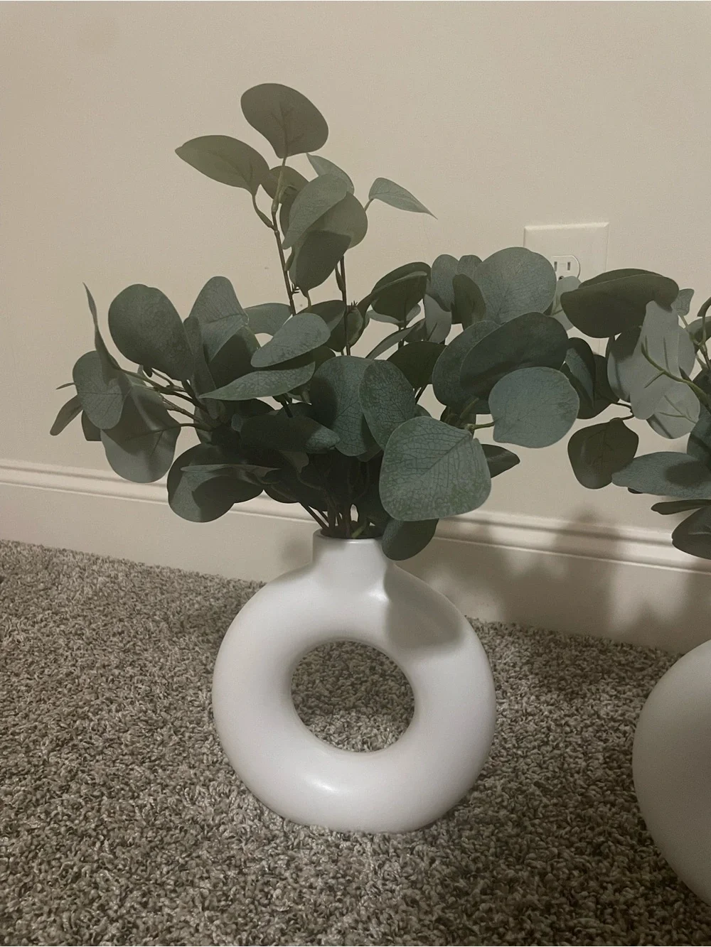 Modern White Ceramic Donut Vase with Faux Greenery - Pair
